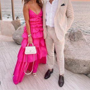 STAUD Rylie Tiered Ruffle Maxi Dress Pink Bougainvillea Size M with Alterations